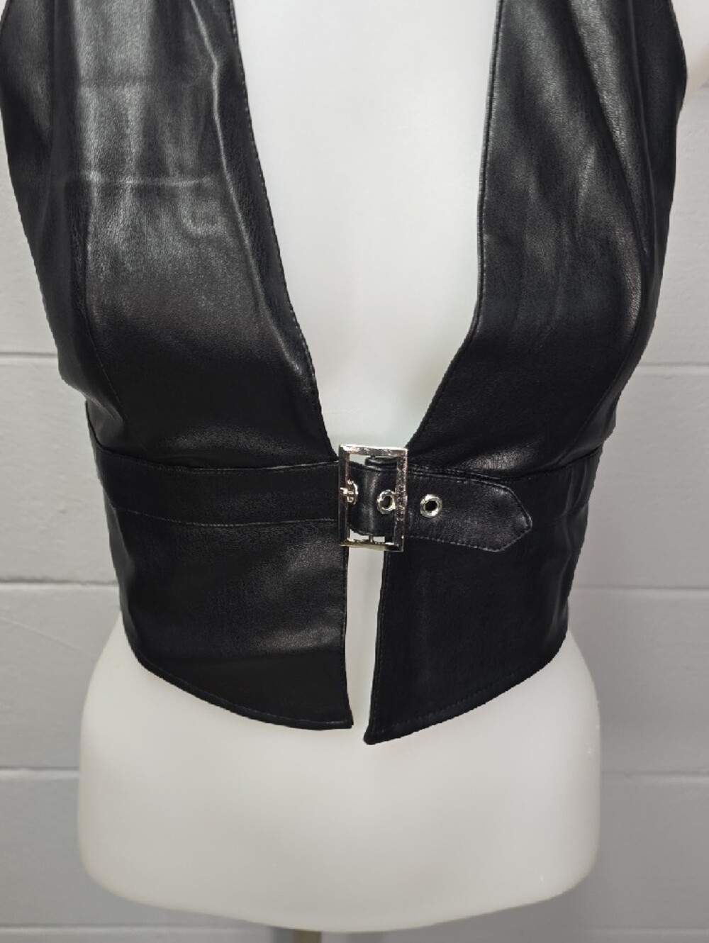 Windsor Black Faux Leather Halter Crop Top with Buckle - Picture 3 of 4